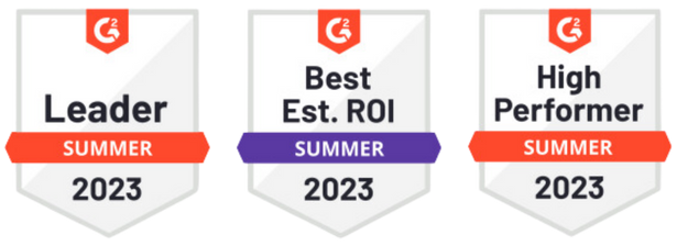 G2 awards: Leader, Best Est. ROI, High Performer